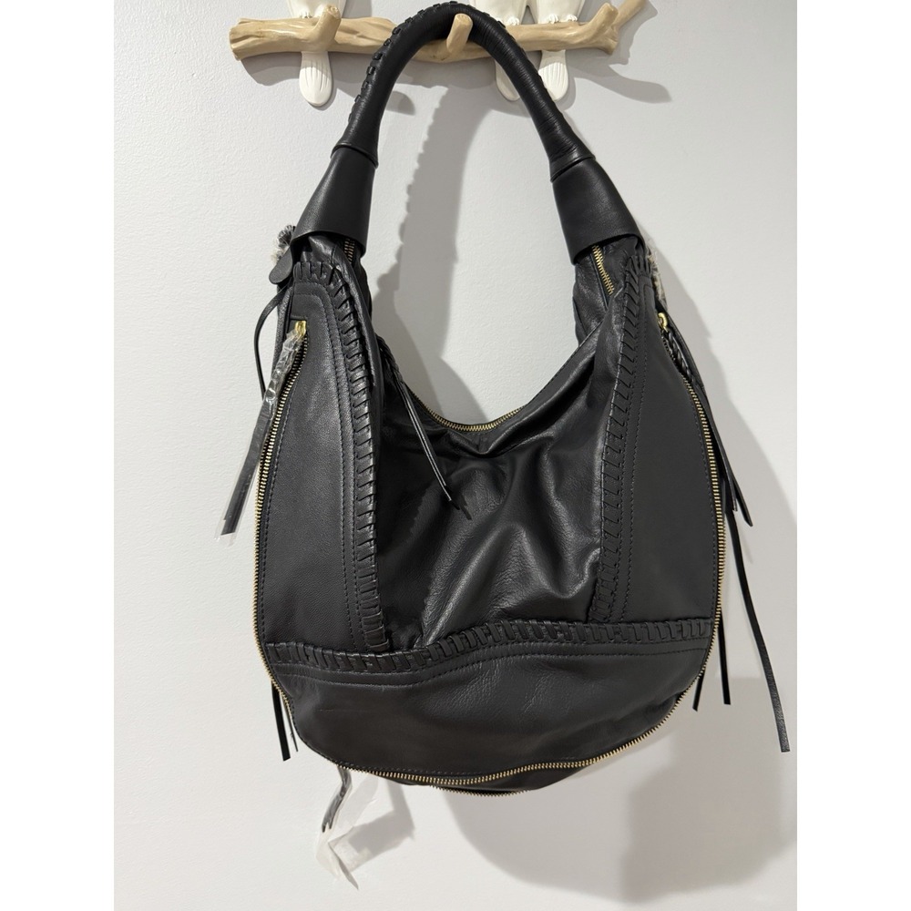 orYany Michelle Black Nappa Leather Hobo Shoulder Bag Tassel Fringe Whipstitch
